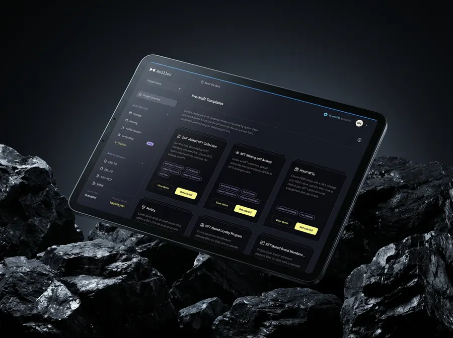 The Apillon dashboard on a tablet, showing its pre-built NFT campaign templates