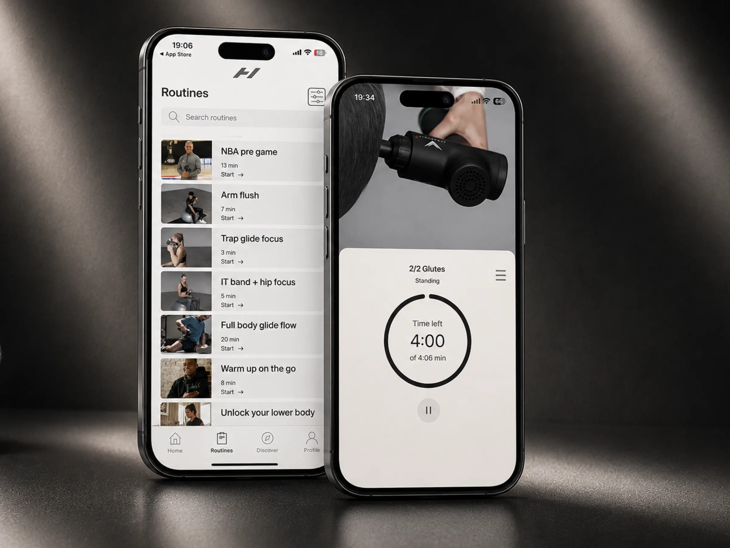 The Hyperice app open on a phone, beside a Hyperice massage gun