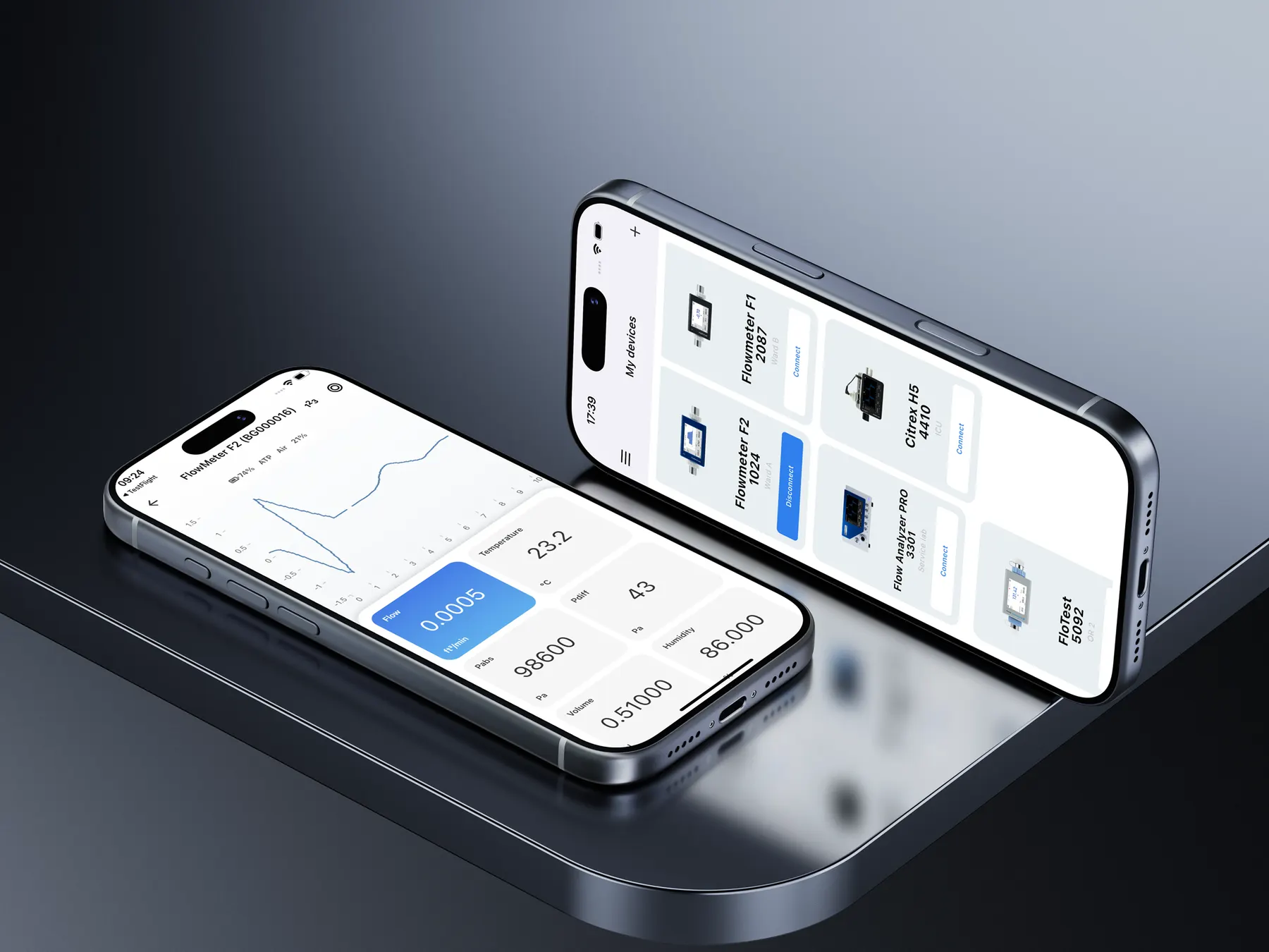 FlowMeter App on two phones: live flow, pressure and temperature readings under a measurement chart, next to the list of connected instruments