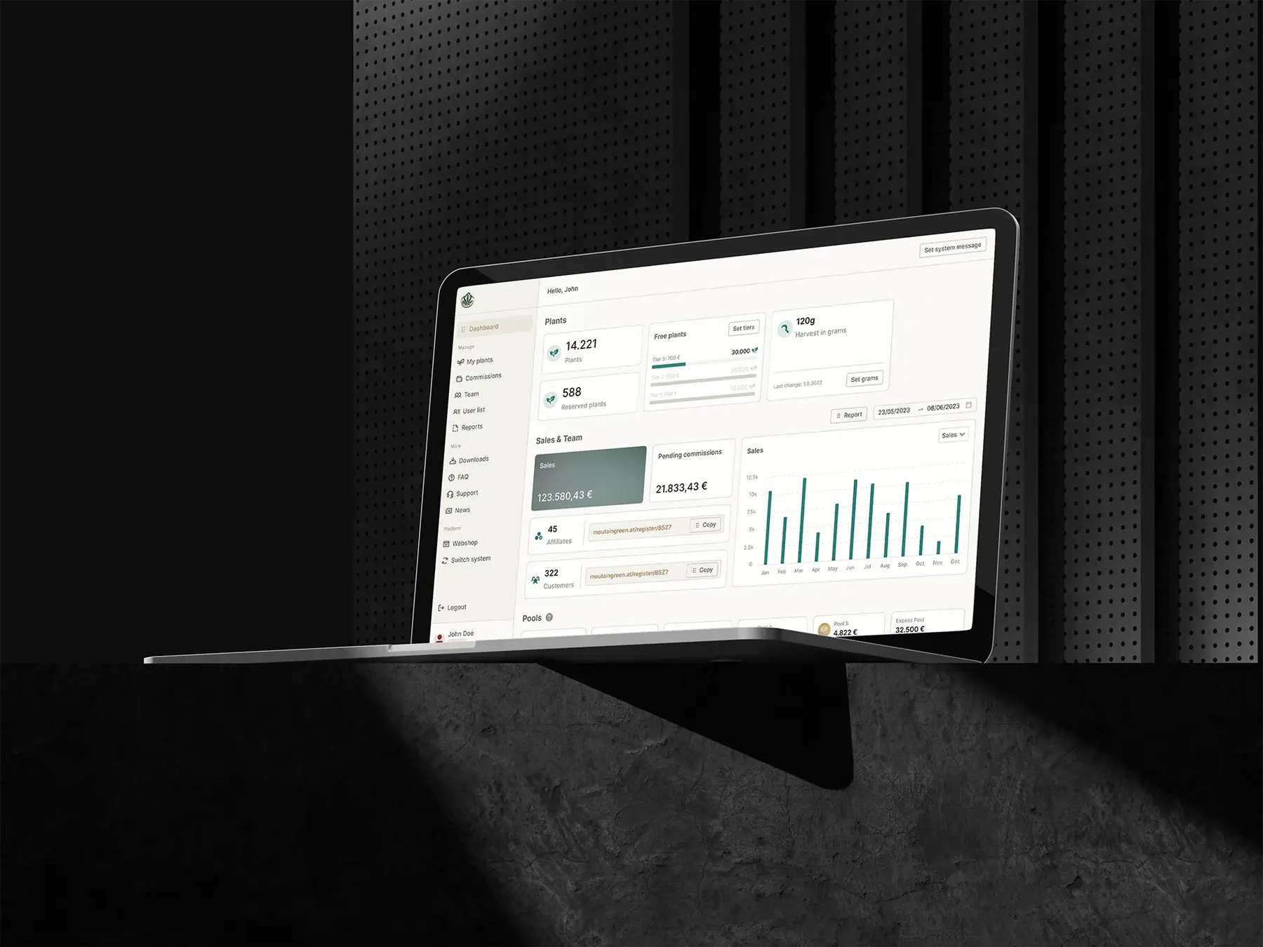 The MountainGreen dashboard on a laptop: plants held and reserved, sales by month, pending commissions and a participant’s referral link