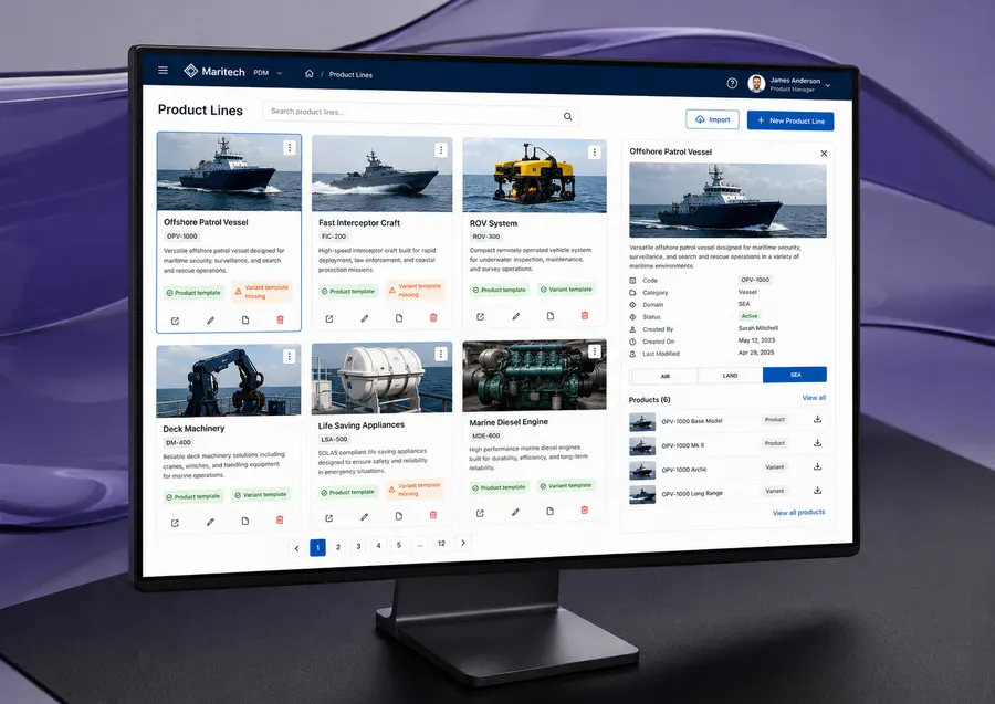 The product configuration platform on a monitor: product-line cards with variant templates and an AIR, LAND and SEA detail panel