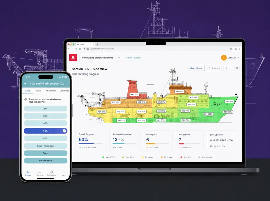 Seavizor on a laptop and phone: a ship side view coloured by section progress, with an outfitting status update on mobile